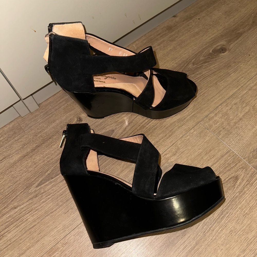 Robert Clergerie Black Suede Peep Toe Wedges Size 37 - Picture 2 of 7